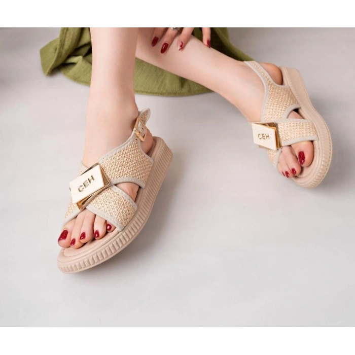 ÇOK SATAN Cate Bej Hasır Cilt Sandalet