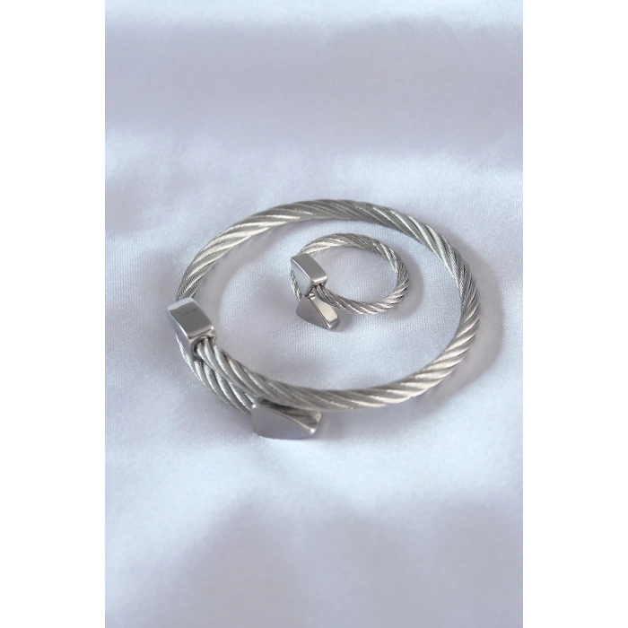 ÇOK SATAN Çelik Gümüş Renk Burgu Model Erkek Bileklik Yüzük Seti