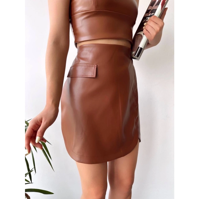 ÇOK SATAN Cep detaylı oval kapaklı deri etek kahve h240048