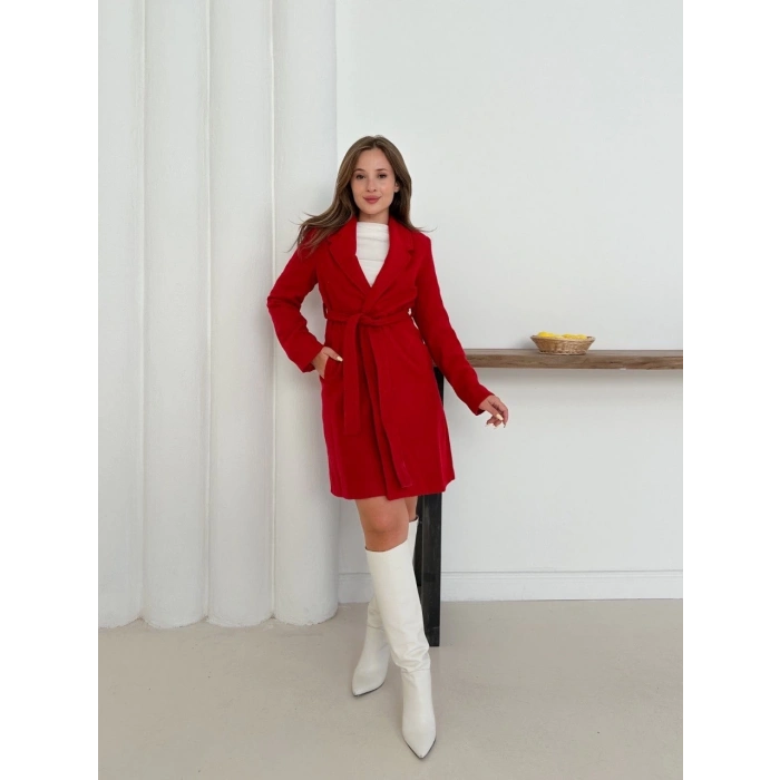 ÇOK SATAN Cepli kuşaklı kaşe kaban kırmızı st26458