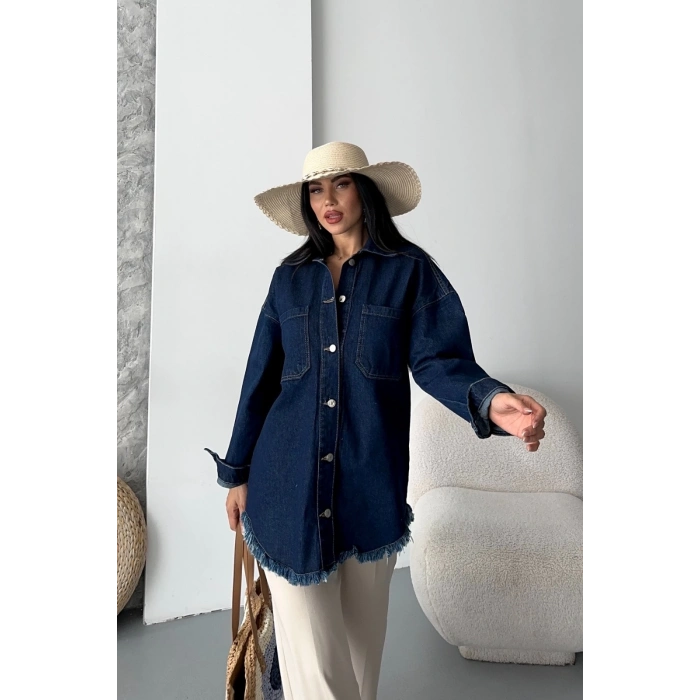 ÇOK SATAN Cepli püsküllü kar yıkama kot ceket koyu mavi d2515