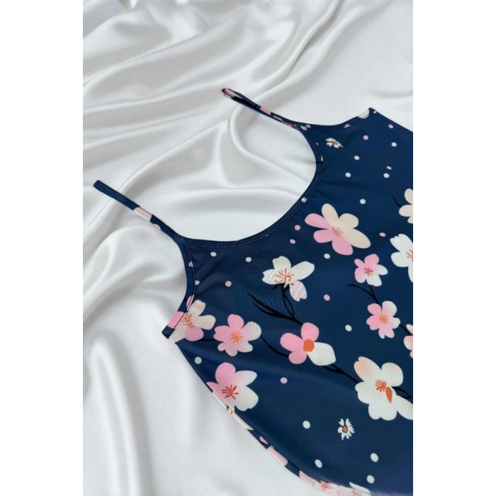 ÇOK SATAN Çiçek Desenli Mavi Askılı Gecelik