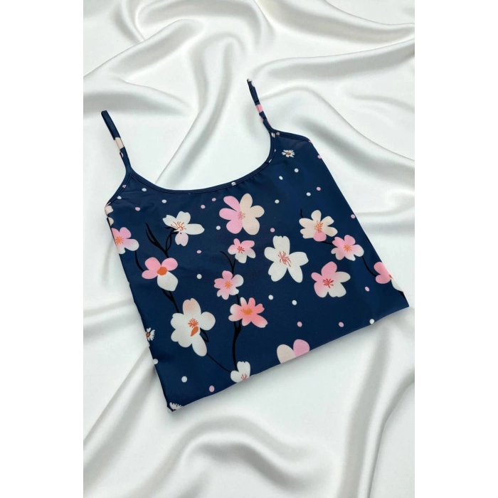 ÇOK SATAN Çiçek Desenli Mavi Askılı Gecelik