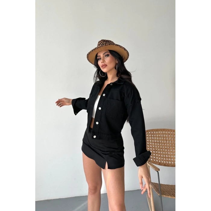 ÇOK SATAN Çift cepli kol katlamalı süper taş enzim yıkamalı crop kot ceket siyah d2000