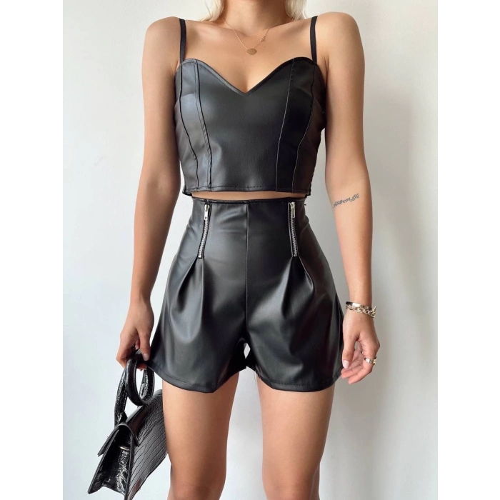 ÇOK SATAN Çift fermuarlı deri şort h24394