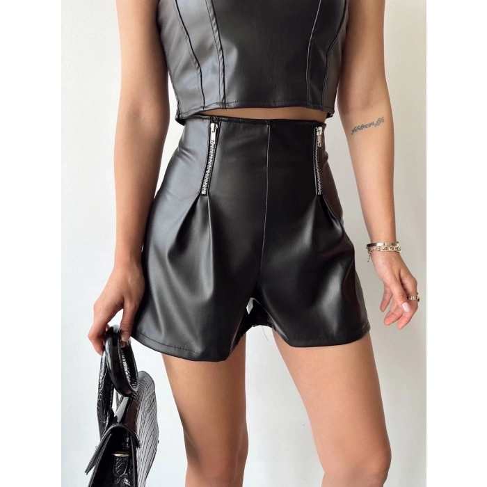 ÇOK SATAN Çift fermuarlı deri şort h24394