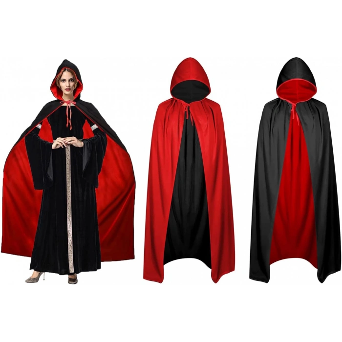 ÇOK SATAN Çift Taraflı Kullanılabilir Siyah Kırmızı Kapişonlu Pelerin 140 cm Yetişkin