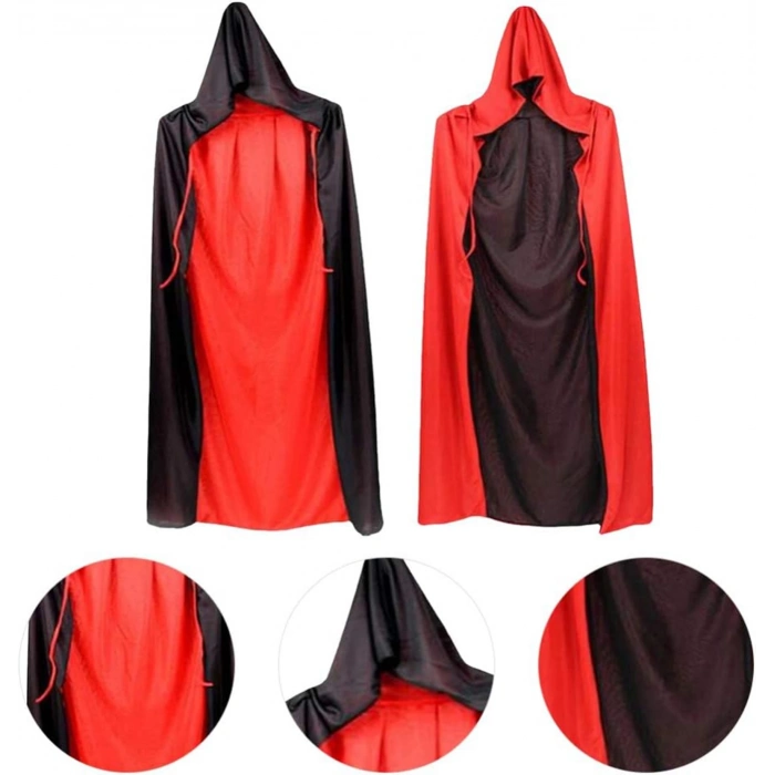 ÇOK SATAN Çift Taraflı Kullanılabilir Siyah Kırmızı Kapişonlu Pelerin 140 cm Yetişkin