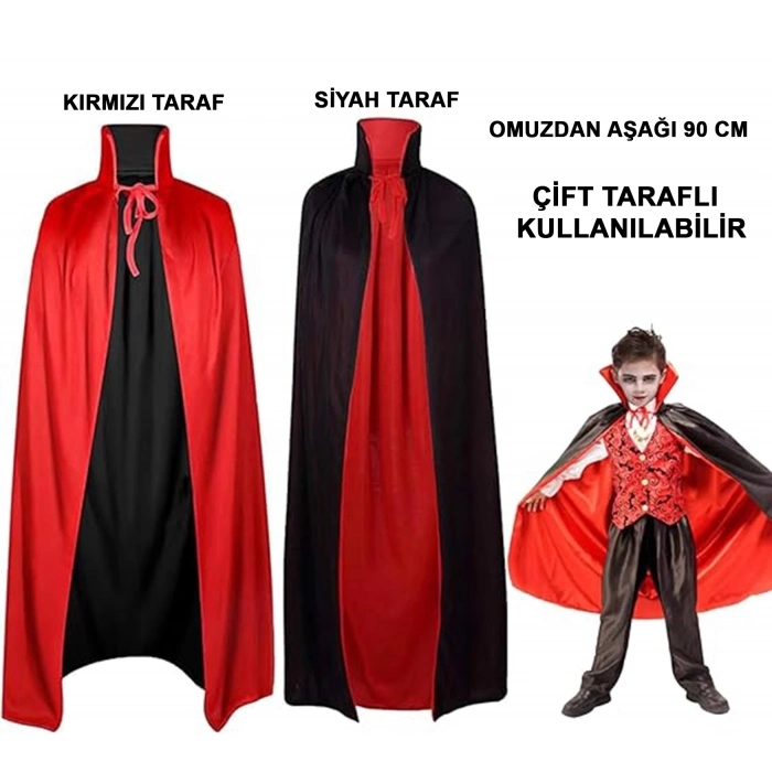 ÇOK SATAN Çift Taraflı Kullanılabilir Siyah Kırmızı Yakalı Pelerin 90 cm Çocuk