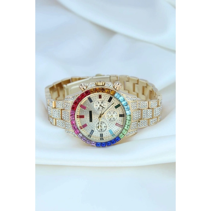 ÇOK SATAN Clariss Trend Gold Metal Kordonlu Zirkon Taş Kaplama Renkli Taşlı Kasa Tasarımlı Lüx Kadın Kol Saati