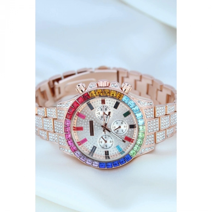ÇOK SATAN Clariss Trend Rose Metal Kordonlu Zirkon Taş Kaplama Renkli Taşlı Kasa Tasarımlı Lüx Kadın Kol Saati