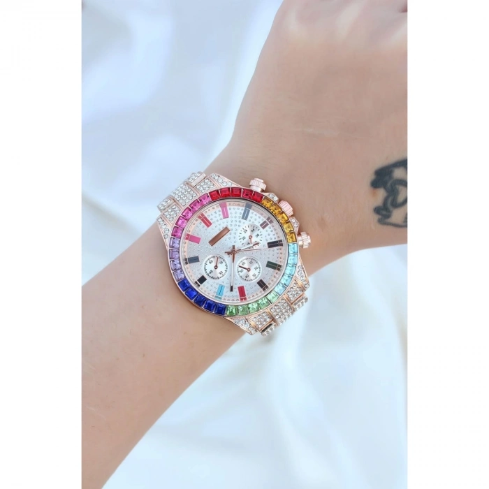 ÇOK SATAN Clariss Trend Rose Metal Kordonlu Zirkon Taş Kaplama Renkli Taşlı Kasa Tasarımlı Lüx Kadın Kol Saati