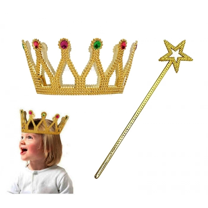 ÇOK SATAN Çocuk Boy Kraliçe Prenses Tacı Ve Yıldız Peri Asası Altın Renk