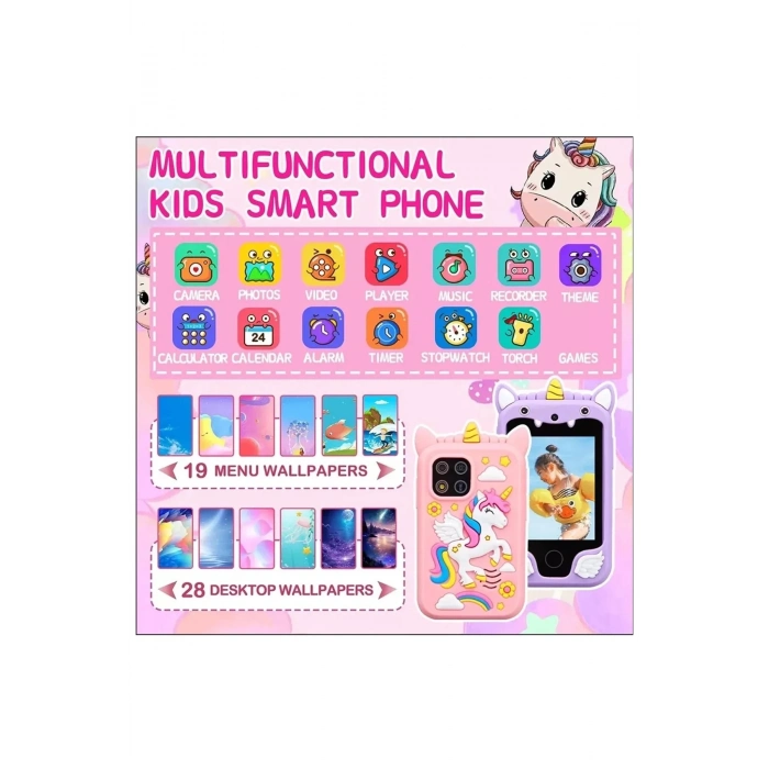 ÇOK SATAN Çocuklar İçin Eğitici Telefon Dokunmatik Ekran Çift Kameralı Fenerli Müzik Çalar Oyun Video Pembe