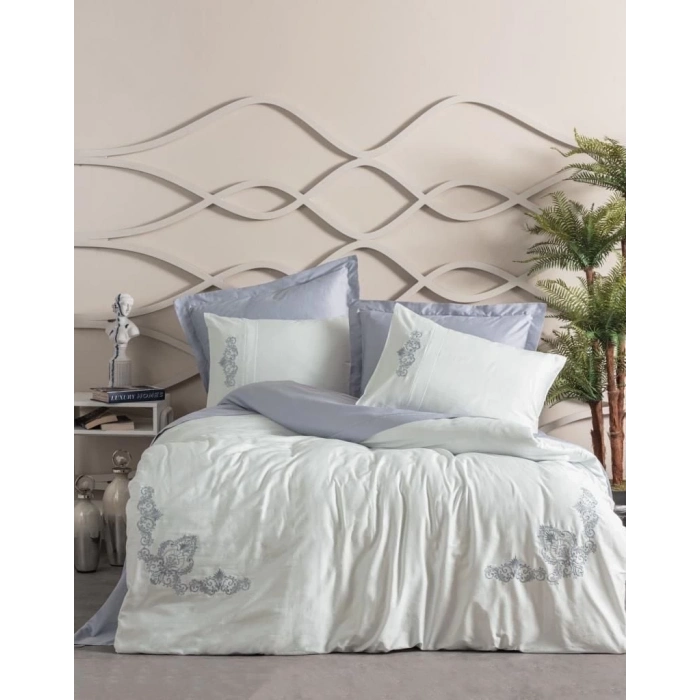 ÇOK SATAN Cotton Box Brode Nakışlı Çift Kişilik Saten Nevresim Takımı Bianna Gri