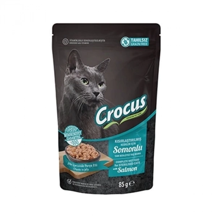 ÇOK SATAN Crocus Tahılsız Pouch Jöleli Somonlu Kısırlaştırılmış Konserve Kedi Maması 85 Gr