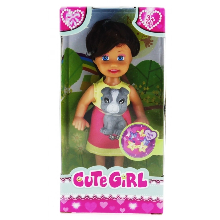 ÇOK SATAN Cute Girl Gri Köpekli ve Kumral Mini Bebek