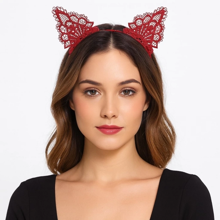 ÇOK SATAN Dantelli Kırmızı Kedi Tacı - Vintage Tarz Dantel Kedi Kulak