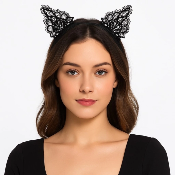 ÇOK SATAN Dantelli Siyah Kedi Tacı - Vintage Tarz Dantel Kedi Kulak