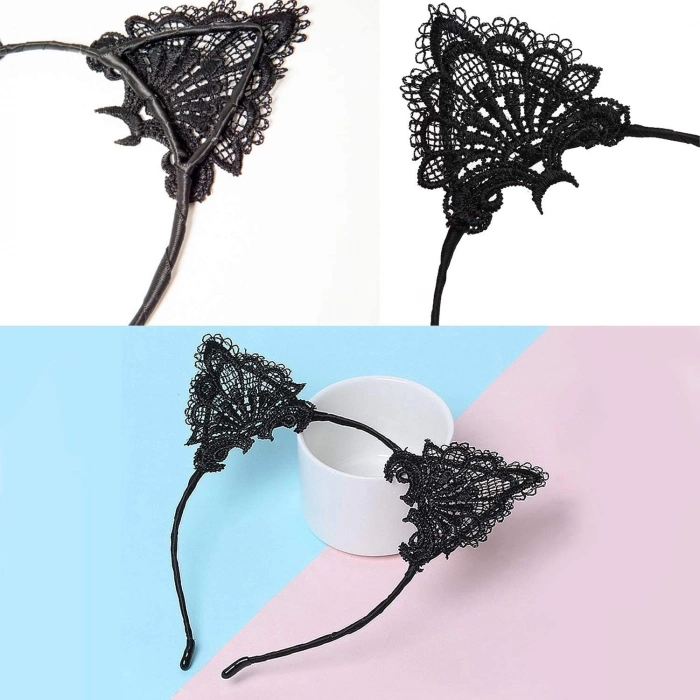 ÇOK SATAN Dantelli Siyah Kedi Tacı - Vintage Tarz Dantel Kedi Kulak