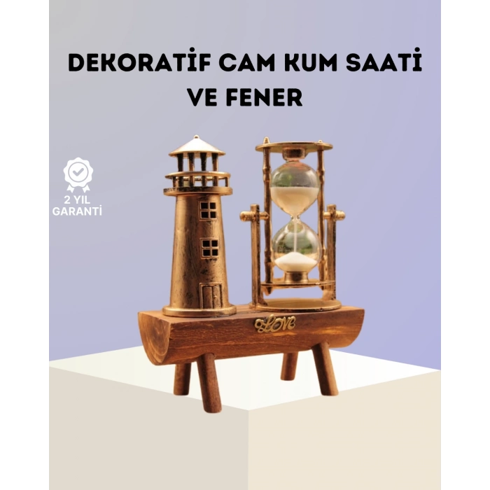 ÇOK SATAN Dekoratif Ahşap Kum Saati ve Deniz Feneri Figürlü Masa Süsü – Şık ve Fonksiyonel Tasarım