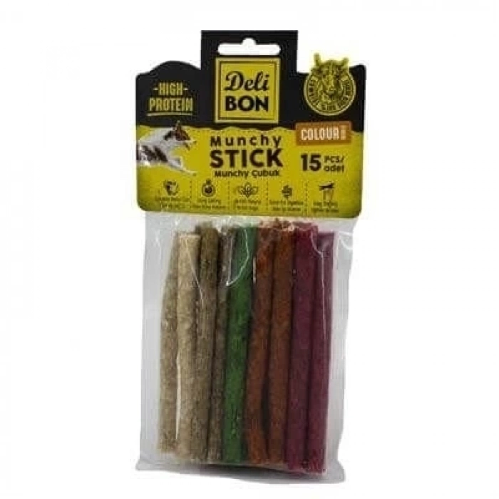 ÇOK SATAN Delibon Munchy Karışık Renk İnce Deri Çubuk Köpek Ödülü 15 Adet