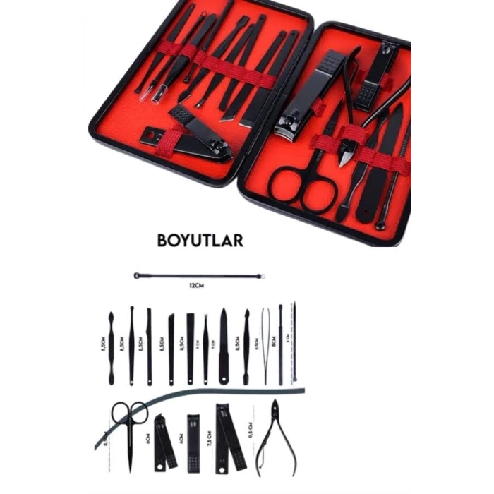 ÇOK SATAN Deri Çantalı Siyah Paslanmaz Çelik 17 Parça Manikür Pedikür Seti