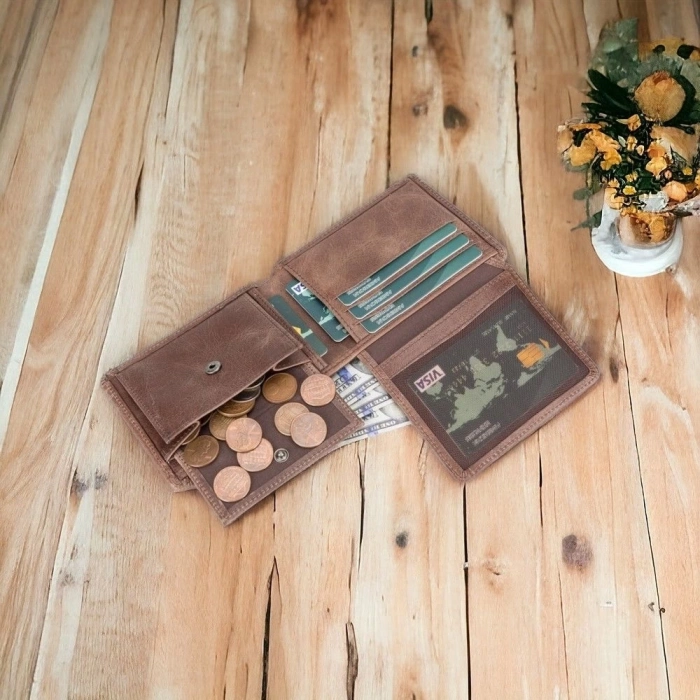 ÇOK SATAN Deri Cüzdan, 6 Kart ve Bozuk Para Bölmeli, Karamel Kahve Deri