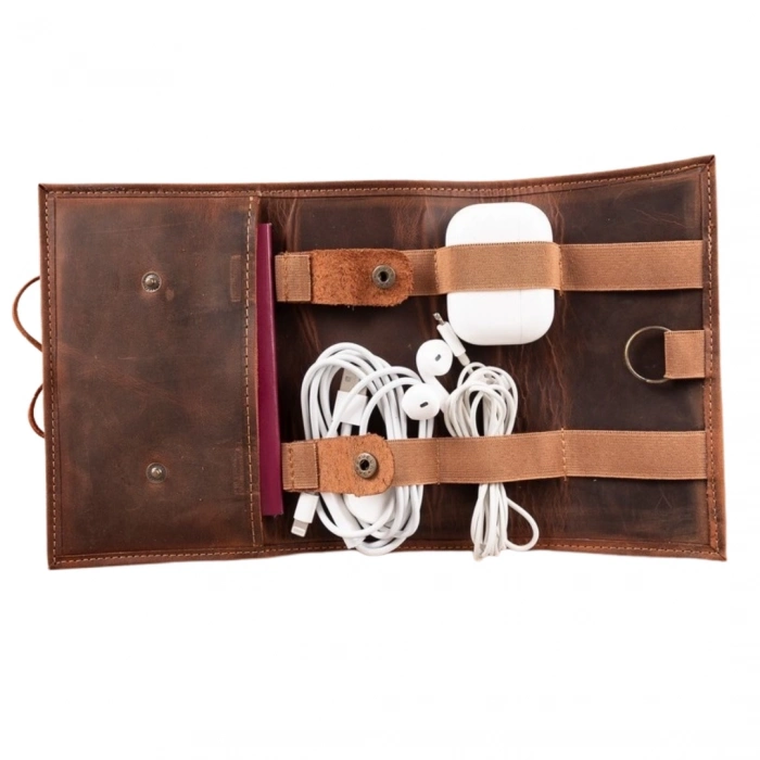 ÇOK SATAN Deri Kablo Aksesuar Taşıma Çantası G2 Antik Kahve