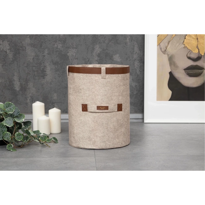 ÇOK SATAN Deri Şeritli Yuvarlak Çok Amaçlı Düzenleyici Organizer Kutu Keçe Sepet (mega) 03877