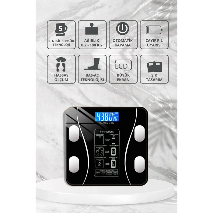 ÇOK SATAN Dijital Baskül Yağ Ölçer Fonksiyonlu Akıllı Baskül Bluetooth Tartı- Siyah