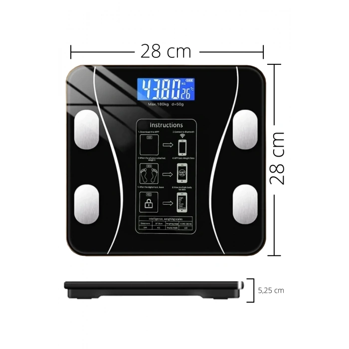 ÇOK SATAN Dijital Baskül Yağ Ölçer Fonksiyonlu Akıllı Baskül Bluetooth Tartı- Siyah