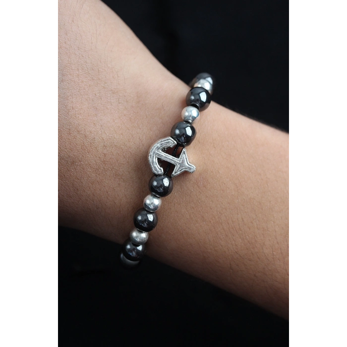 ÇOK SATAN Doğal Taş Çapa Model Gümüş Ve Füme Renk Asansörlü Erkek Bileklik