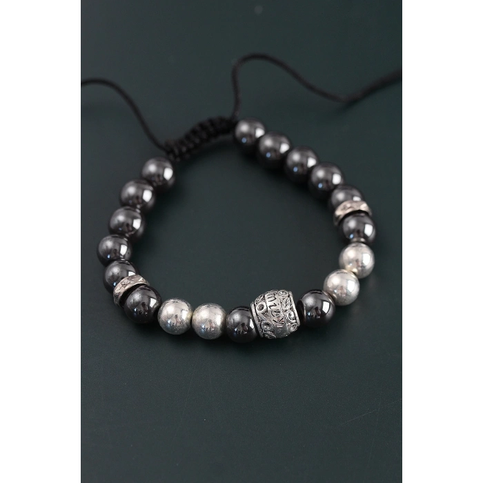 ÇOK SATAN Doğal Taş Family Model Gümüş Ve Füme Renk Asansörlü Erkek Bileklik