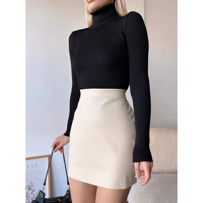 ÇOK SATAN Düz deri etek bej h24468