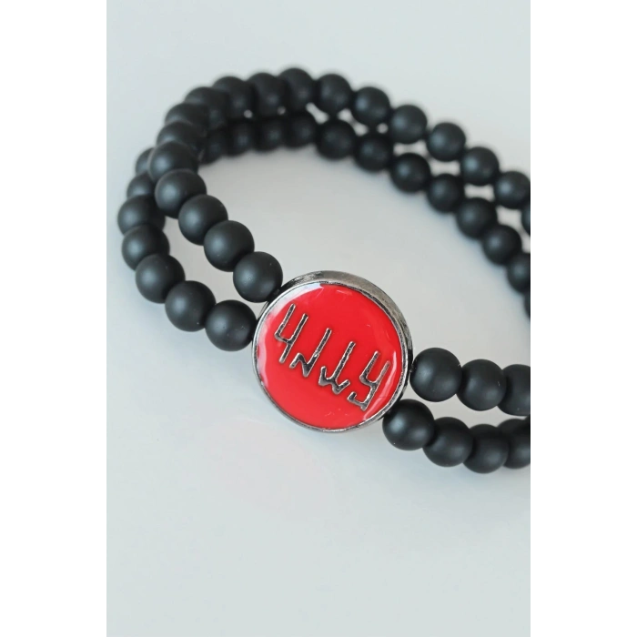 ÇOK SATAN Eski Türkçe Göktürkçe Yazı Figürlü Kırmızı Metal Aksesuarlı Çift Sıra Oniks Doğal Taş Erkek Bileklik