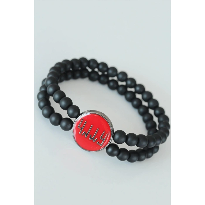 ÇOK SATAN Eski Türkçe Göktürkçe Yazı Figürlü Kırmızı Metal Aksesuarlı Çift Sıra Oniks Doğal Taş Erkek Bileklik