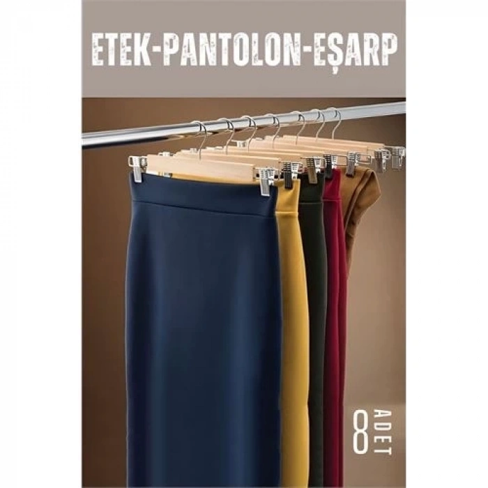 ÇOK SATAN Etek Pantolon Eşarp Kıskaçlı Askı 8 Adet Ahşap
