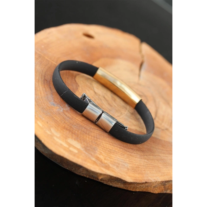 ÇOK SATAN Gold Renk Çelik Yıldızlı Tasarım Siyah Renk Silikon Erkek Bileklik