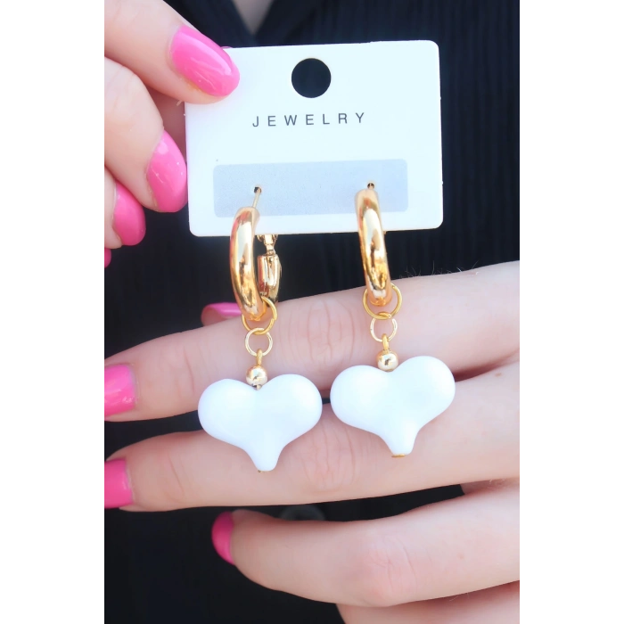 ÇOK SATAN Gold Renk Halka Beyaz Kalp Model Kadın Küpe