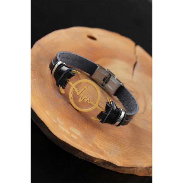ÇOK SATAN Gold Renk Metal Nabız Tasarım Siyah Renk Deri Erkek Bileklik