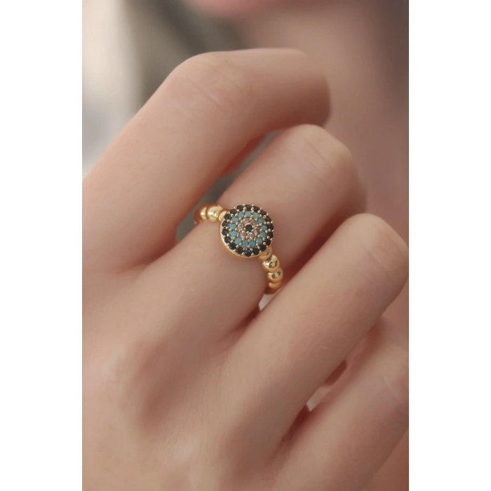ÇOK SATAN Gold Renk Nazar Boncuk Figür Zirkon Taş Detay Kadın Yüzük