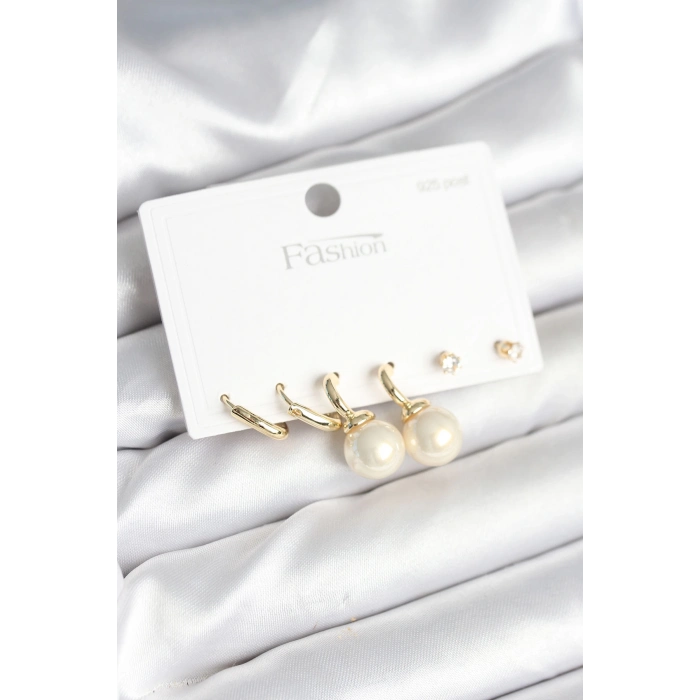 ÇOK SATAN Gold Renk Pirinç 925 Ayar Gümüş Çivili Kadın Küpe Seti