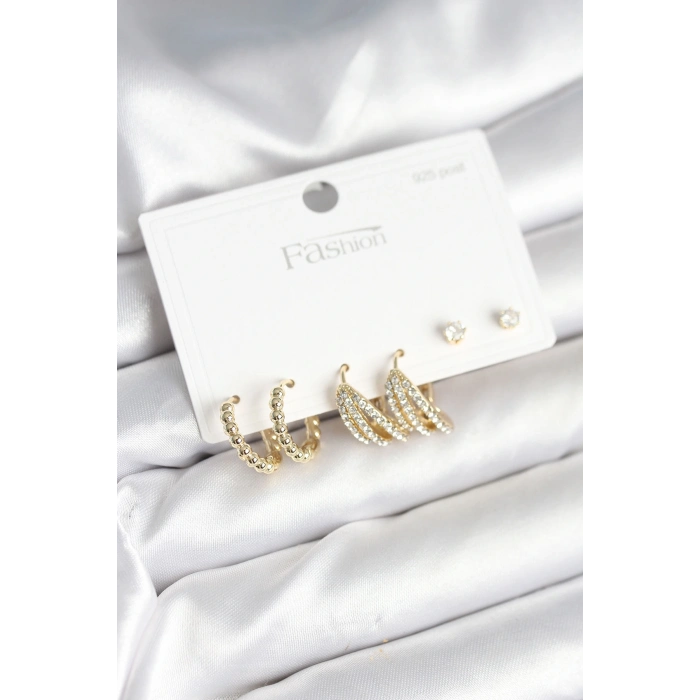 Gold Renk Pirinç 925 Ayar Gümüş Çivili Kadın Küpe Seti