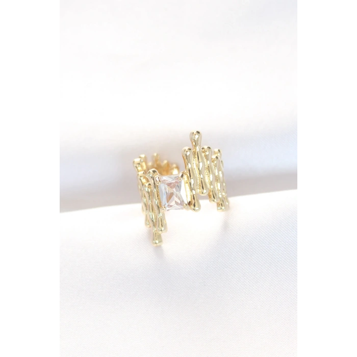 ÇOK SATAN Gold Renk Tırtıklı Kalın Baget Taş Tasarım Ayarlanabilir Yüzük