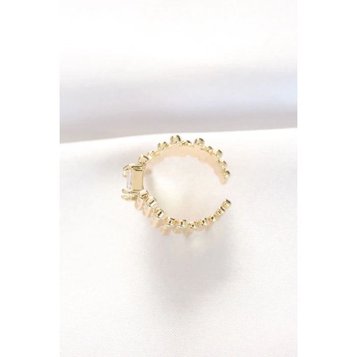 ÇOK SATAN Gold Renk Tırtıklı Kalın Baget Taş Tasarım Ayarlanabilir Yüzük