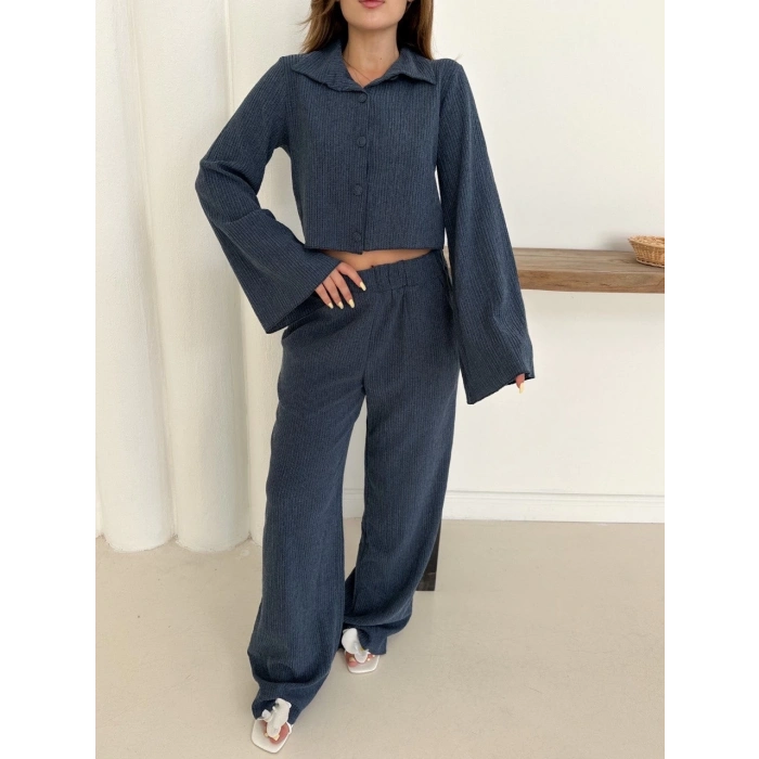 ÇOK SATAN Gömlek yaka kaplama düğmeli takım lacivert st265866