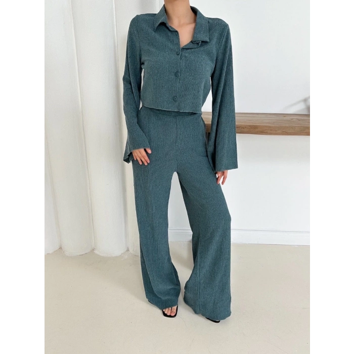 ÇOK SATAN Gömlek yaka kaplama düğmeli takım petrol yeşili st265866