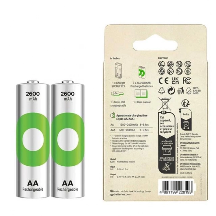 ÇOK SATAN Gp Recyko E221 2*2600 Mah R6 Aa Pilli Şarj Cihazı (gp-e221/270ahcer21-2gtlb2)