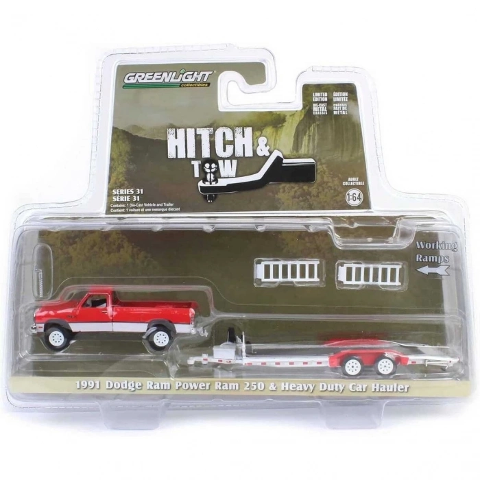 ÇOK SATAN Greenlight 1/64 Hitch & Tow Series 31 - 1991 Dodge Ram Power Ram 250 with Heavy Duty Car Hauler